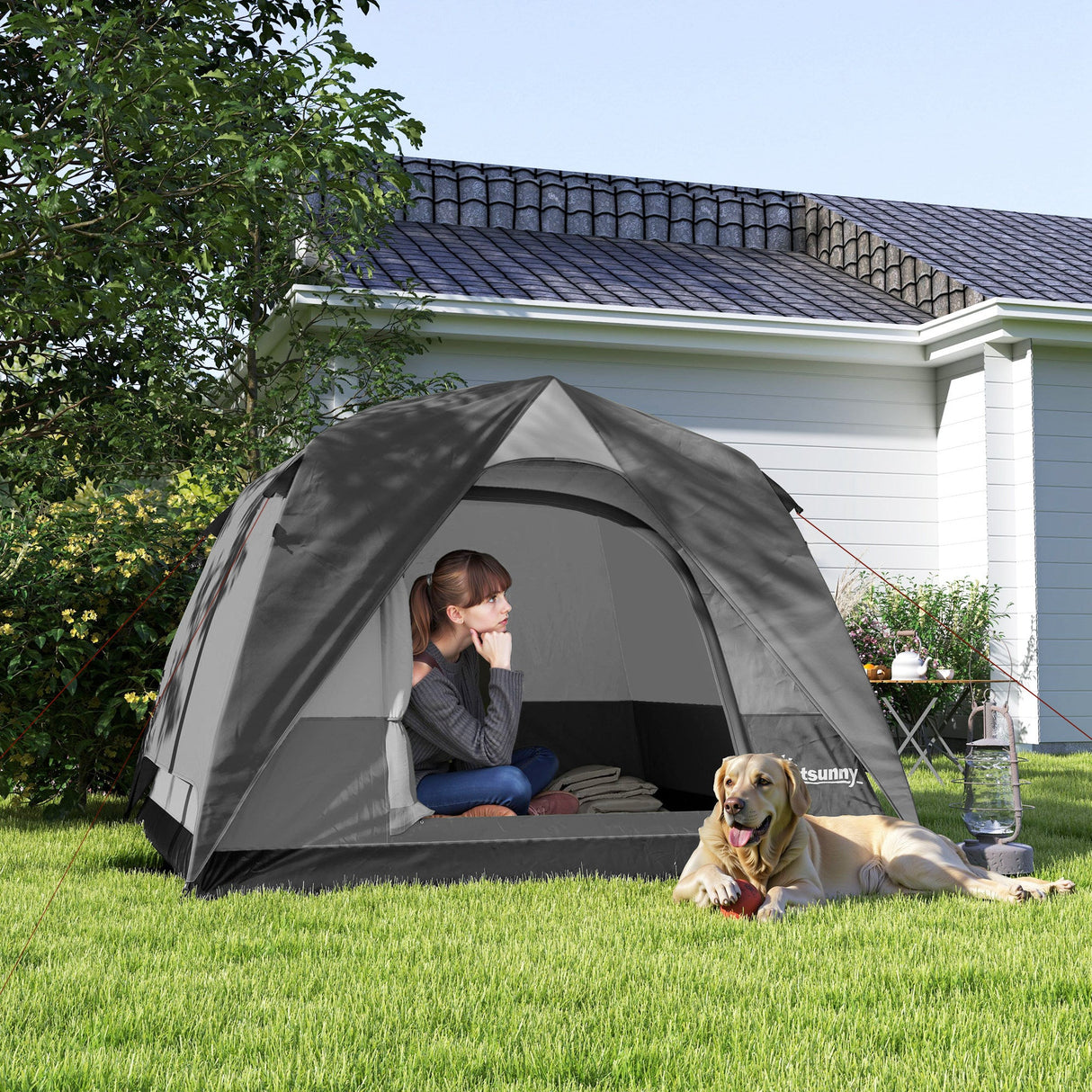 Outsunny 3-4 Person Camping Tent - Dark Grey alternate front angle