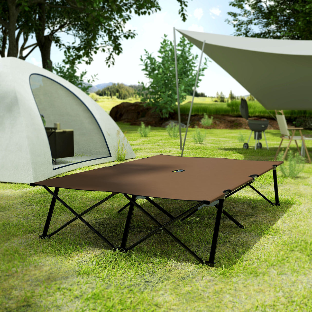 Outsunny Double Camping Cot Bed - Khaki accessories and manual