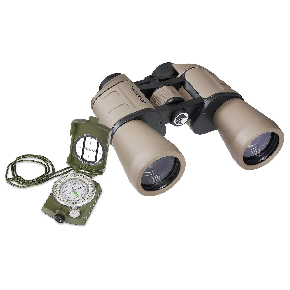 Praktica Falcon 10x50mm Porro Prism Field Binoculars in Sand with compass from above on white background