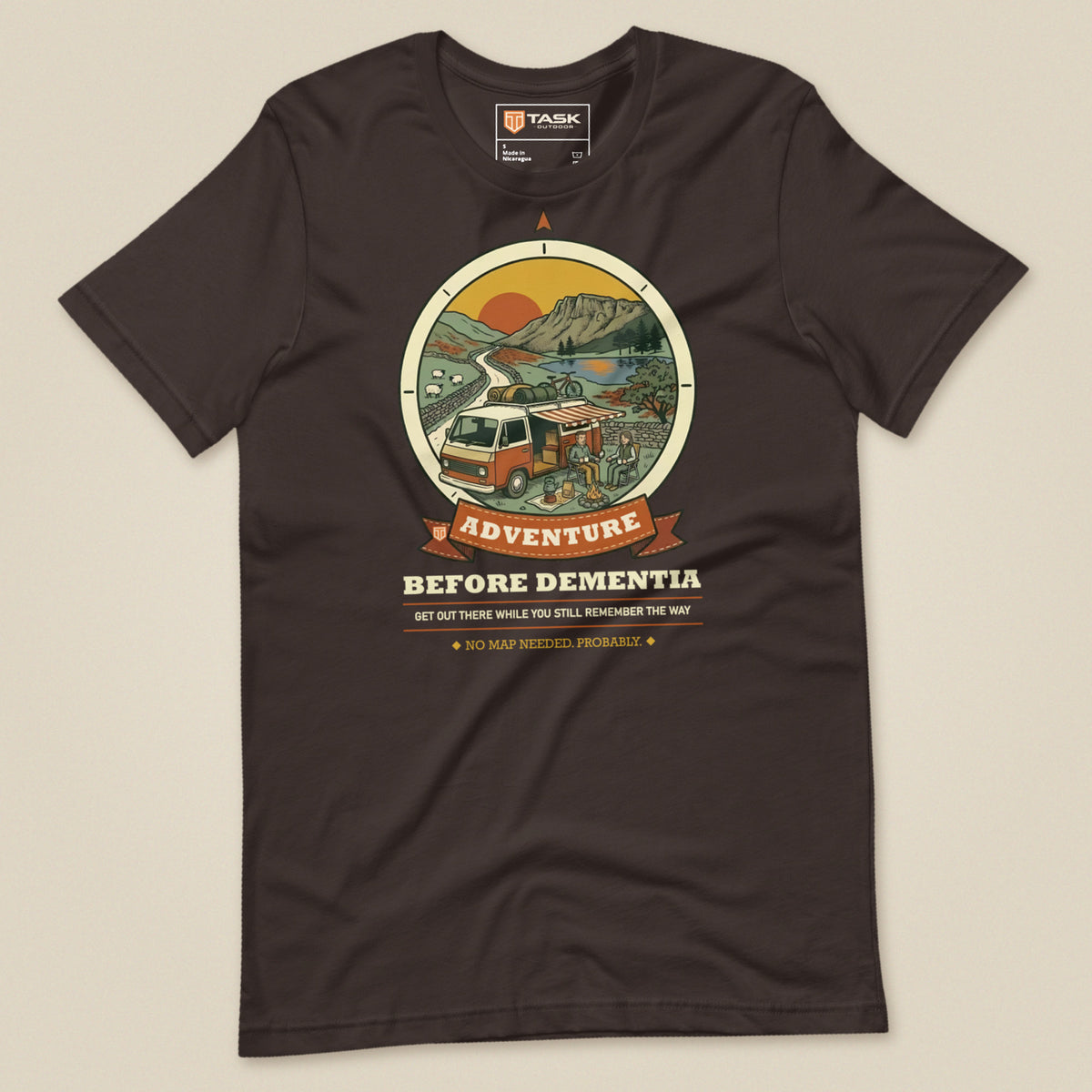 Adventure Before Dementia Campervan T-Shirt in Brown, laid flat, front view