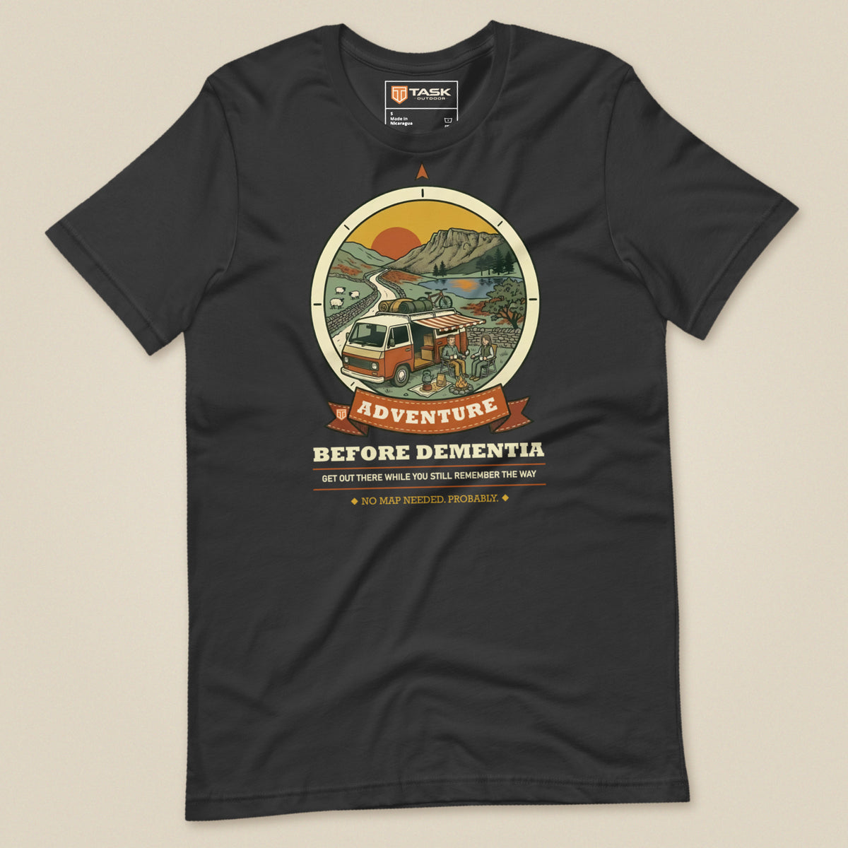 Adventure Before Dementia Campervan T-Shirt in Dark Grey, laid flat, front view