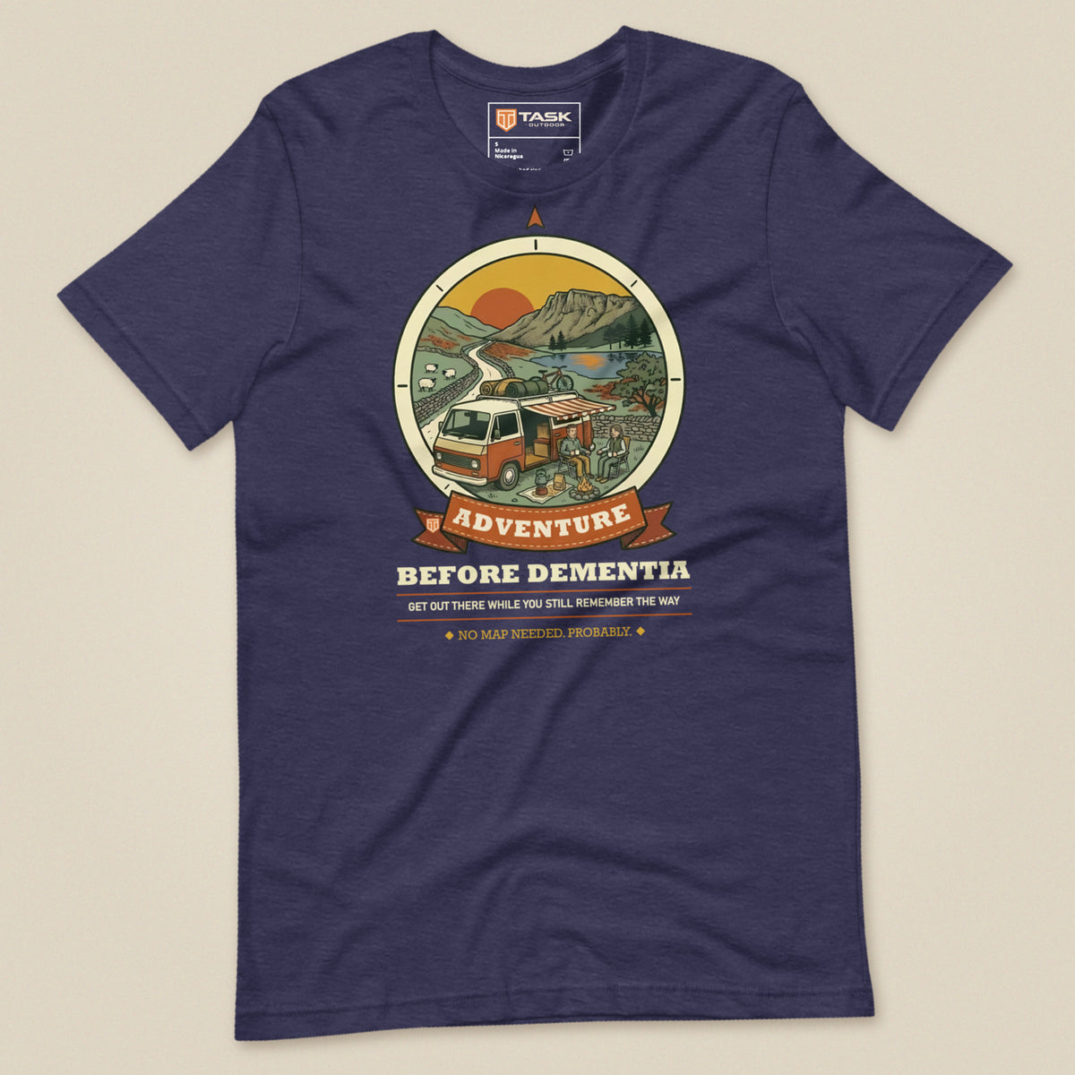 Adventure Before Dementia Campervan T-Shirt in Heather Midnight Navy, laid flat, front view