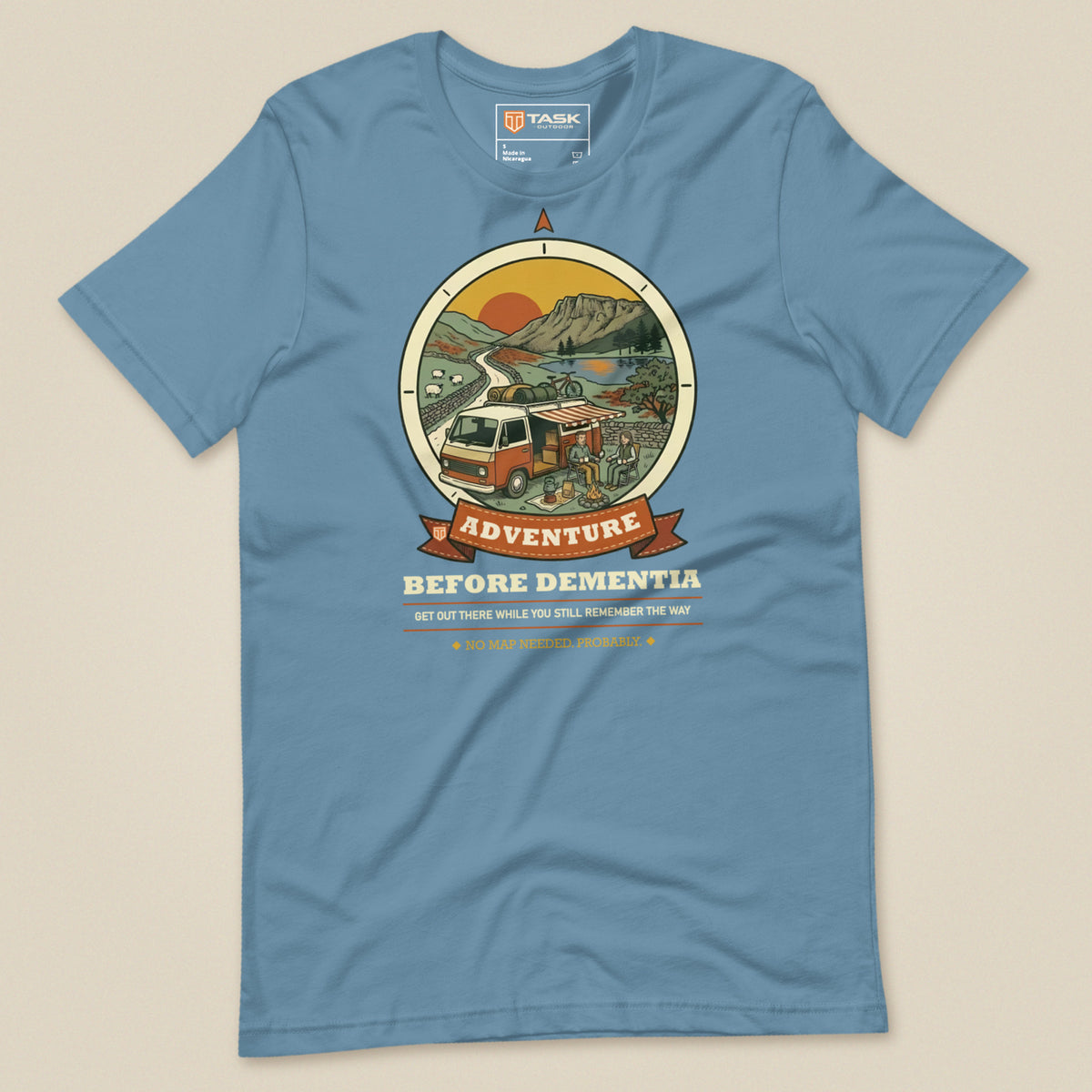 Adventure Before Dementia Campervan T-Shirt in Steel Blue, laid flat, front view