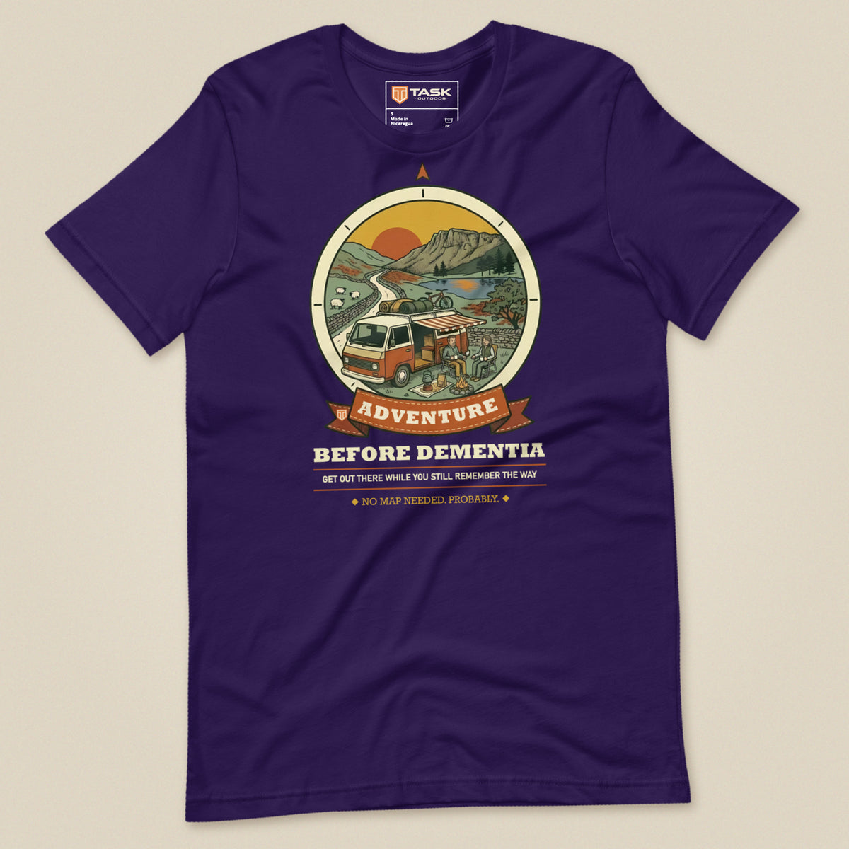 Adventure Before Dementia Campervan T-Shirt in Team Purple, laid flat, front view