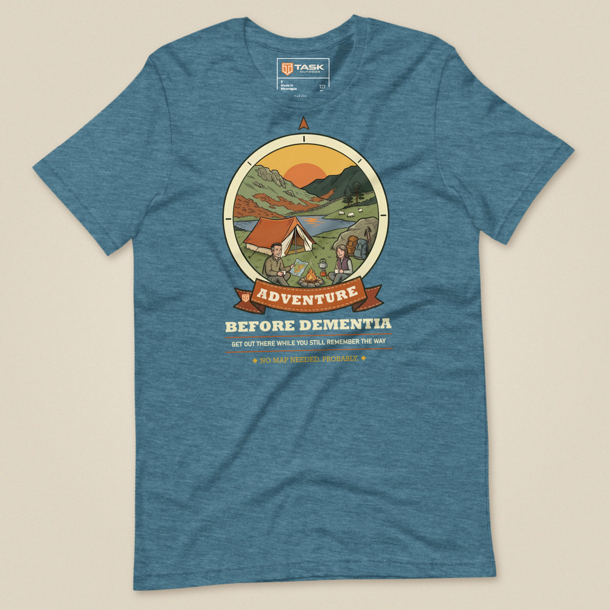Adventure Before Dementia Camping T-Shirt in Heather Deep Teal, laid flat, front view