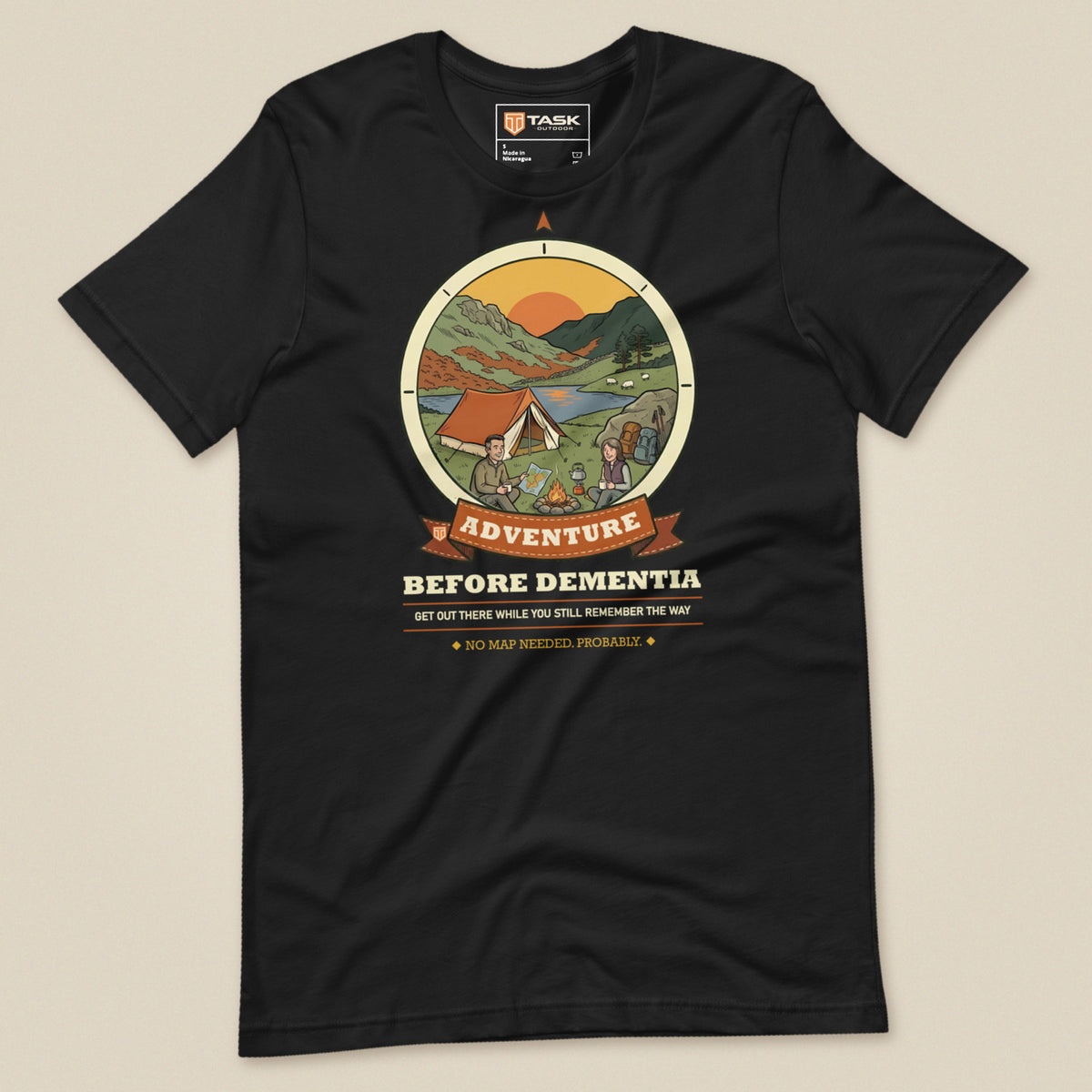 Adventure Before Dementia Camping T-Shirt in Vintage Black, laid flat, front view