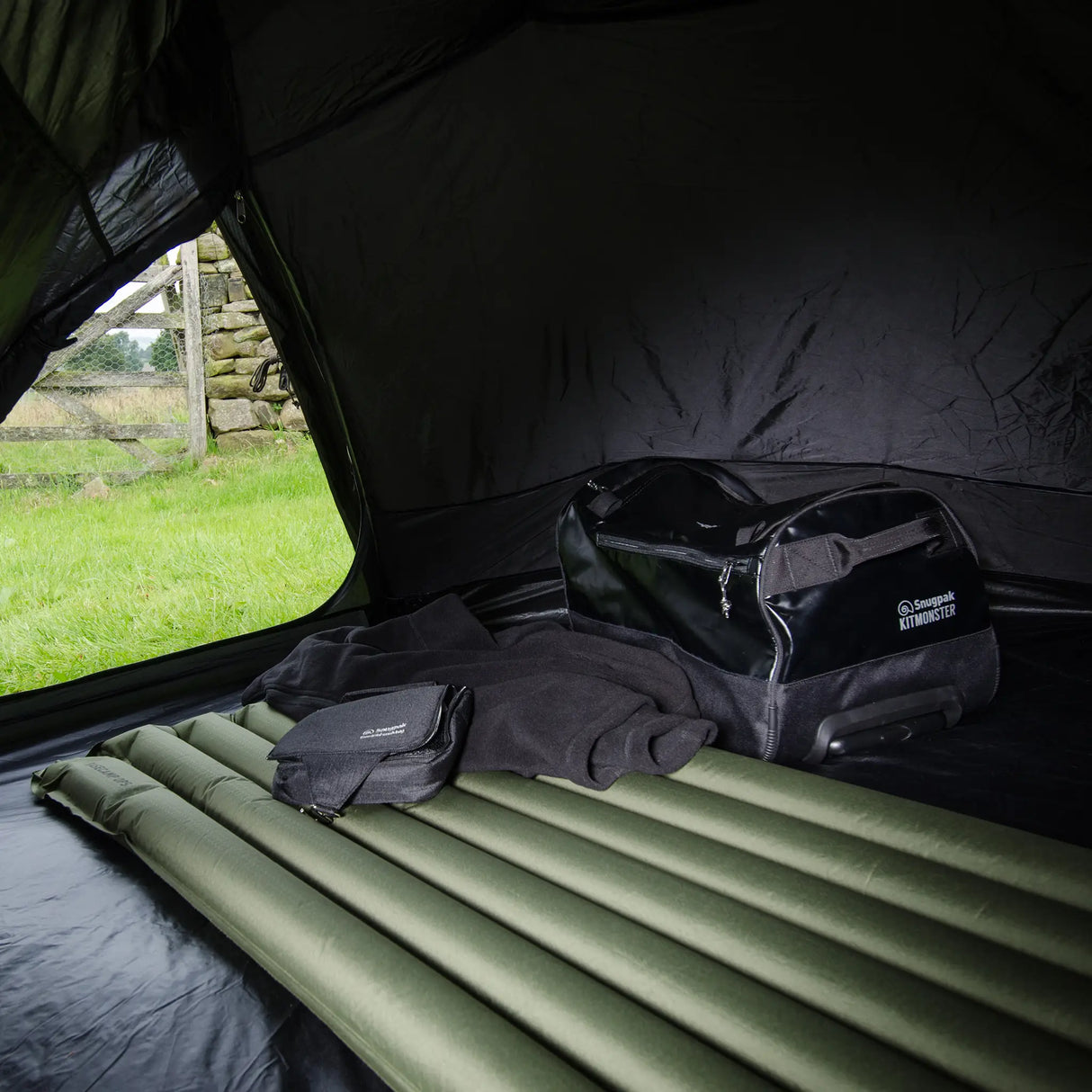 Snugpak Air Mat with Built-In Foot Pump, Olive Green camping sleeping mat - angled view