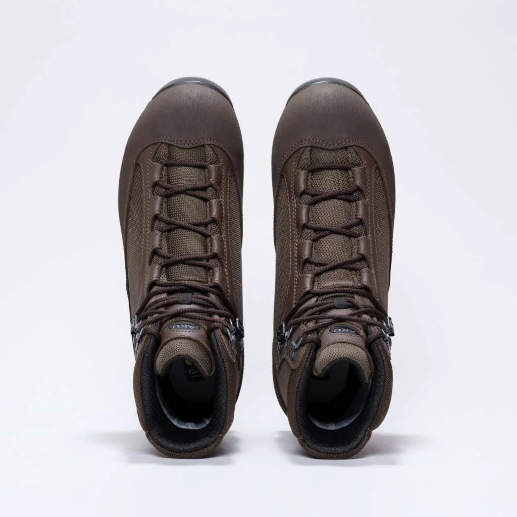 Pair of AKU Pilgrim GTX Combat FG M boots in brown from above, showing the lacing