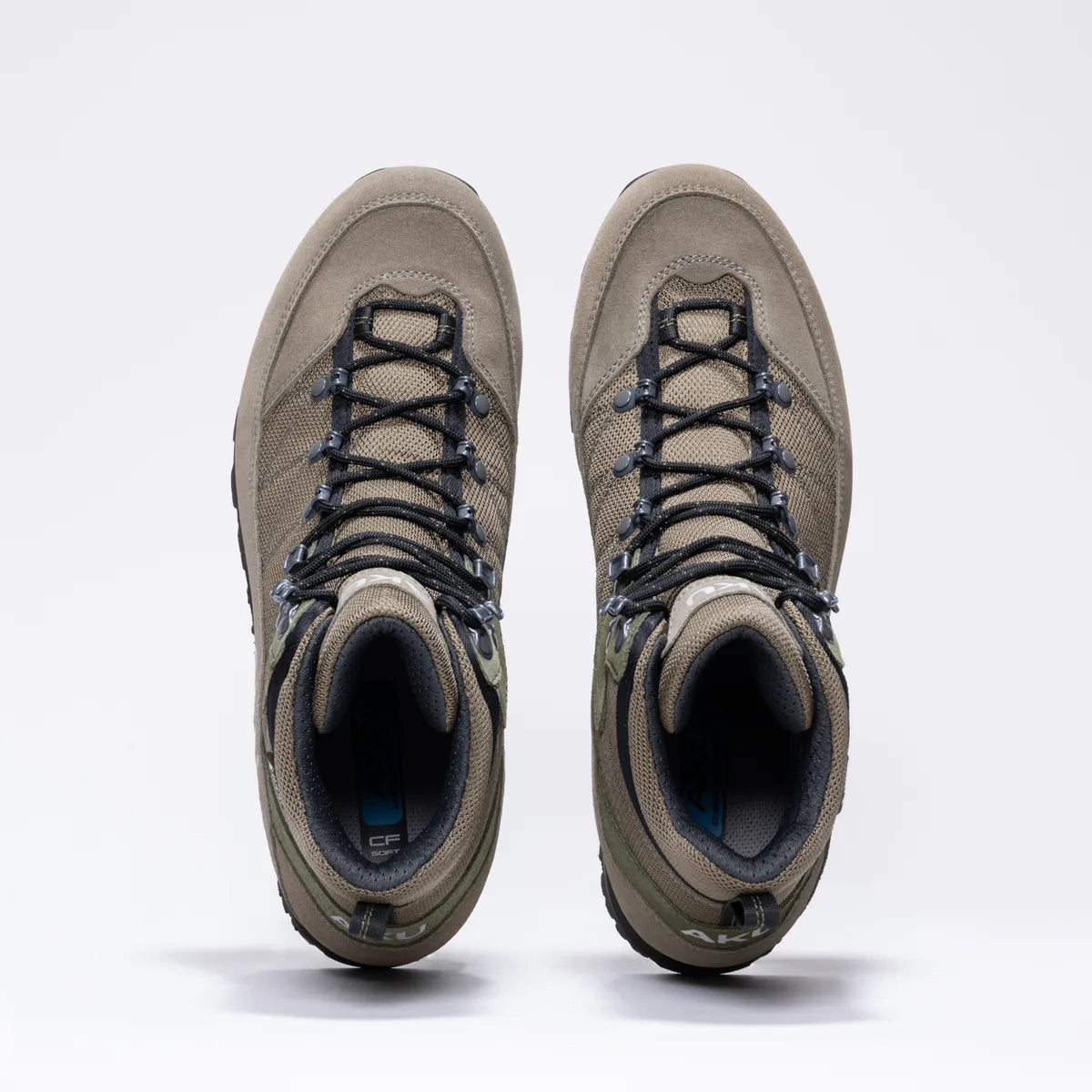 Pair of AKU Trekker Lite III Wide GTX boots in brown/green from above, showing the lacing