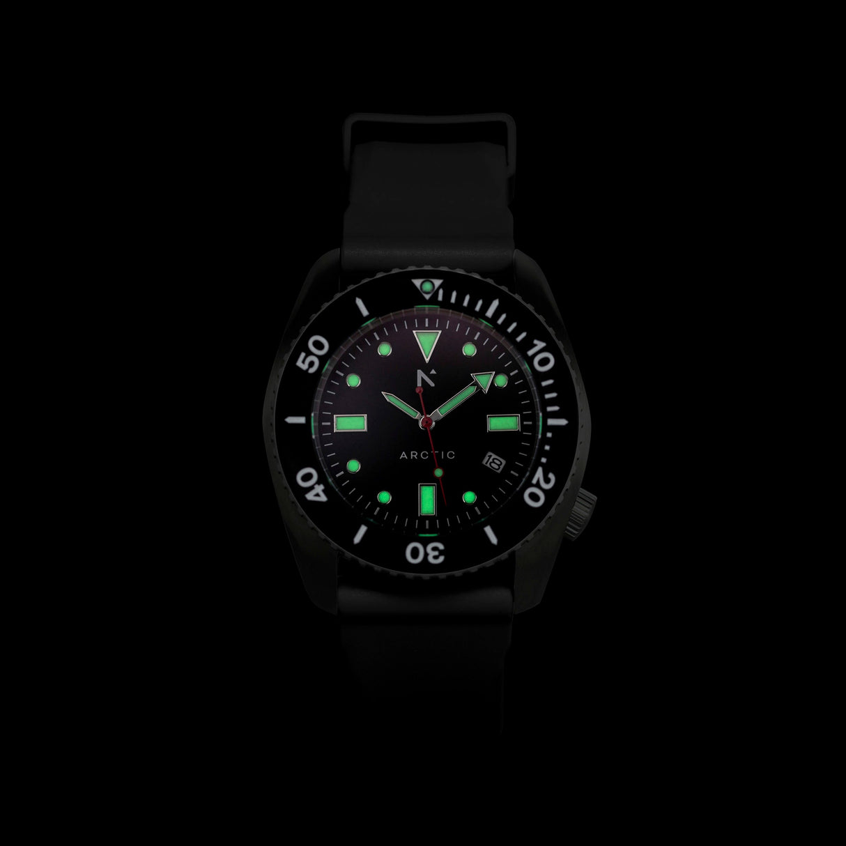 Rotate North Arctic 500m Dive Watch (43mm) in Pitch Black showing luminous markings