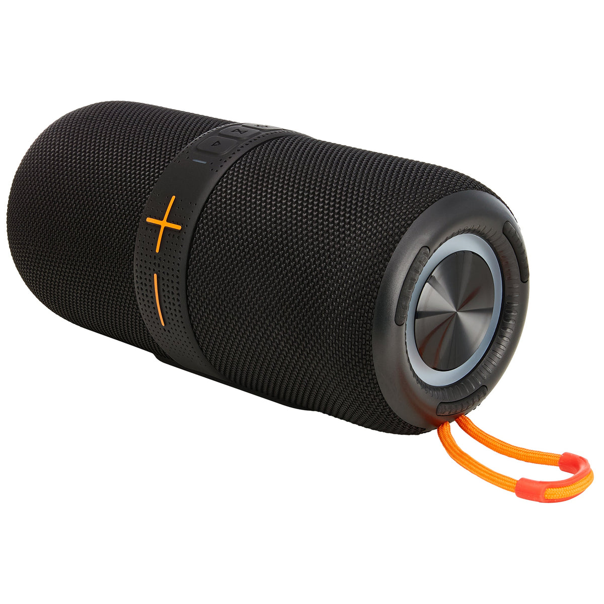 Maplin Bluetooth party speaker in black lying on its side with orange carry strap