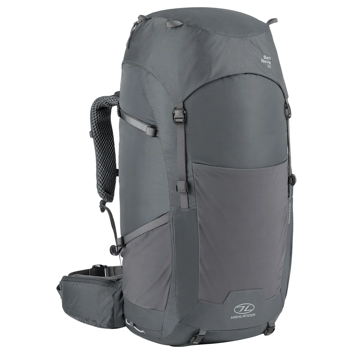 Highlander Ben Nevis Rucksack 65L in grey - from the front left on white background