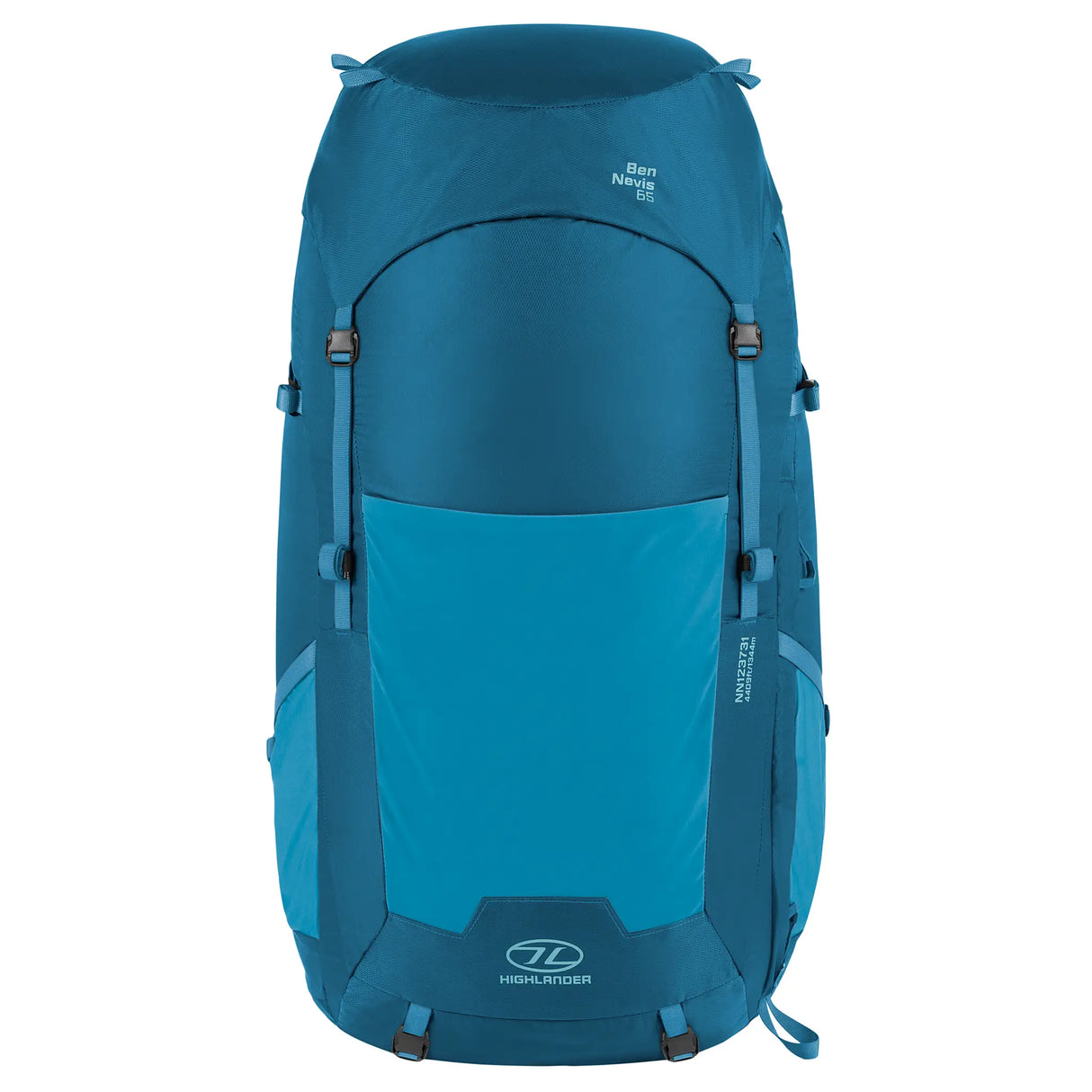Highlander Ben Nevis Rucksack 65L in petrol blue - from the front on white background