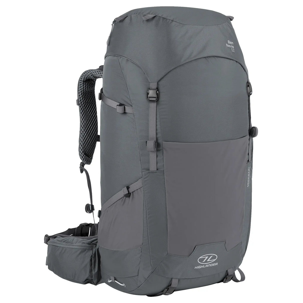 Highlander Ben Nevis Rucksack 52L in grey from the front left on white background