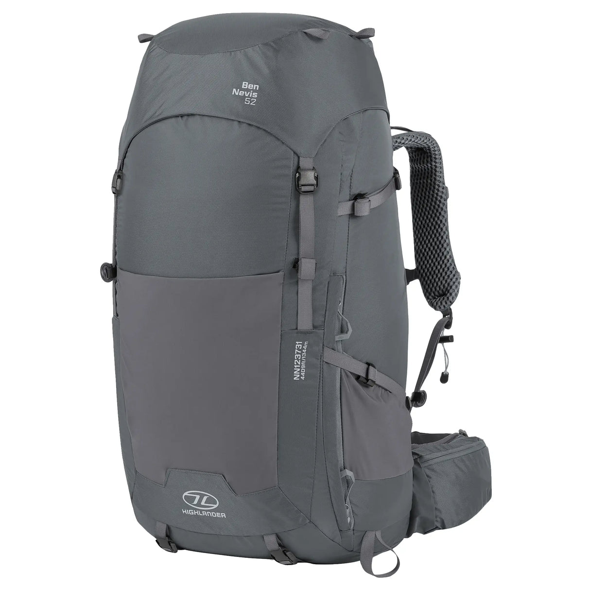 Highlander Ben Nevis Rucksack 52L in grey from the front right on white background