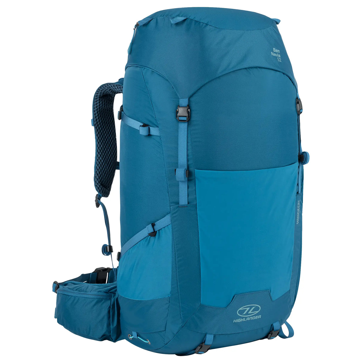 Highlander Ben Nevis Rucksack 52L in petrol blue from the front left on white background