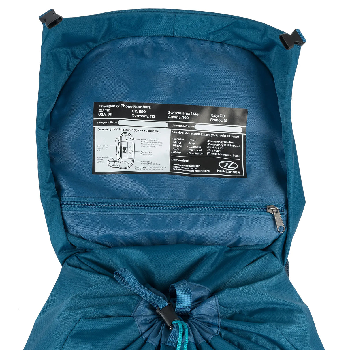 Highlander Ben Nevis Rucksack 52L in petrol blue close up of flap pocket