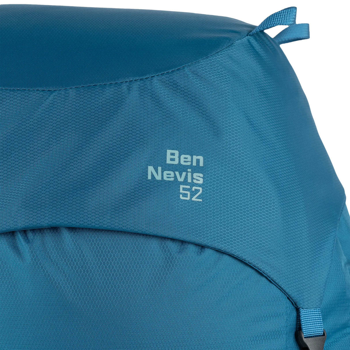 Highlander Ben Nevis Rucksack 52L in petrol blue close up of logo