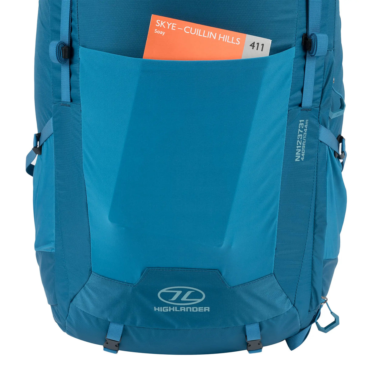 Highlander Ben Nevis Rucksack 52L in petrol blue close up of elastic pocket