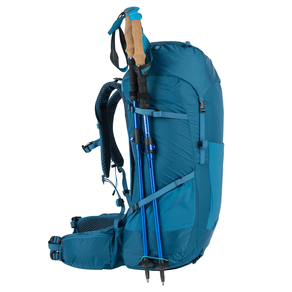 Highlander Ben Nevis Rucksack 52L in petrol blue close up of pole straps