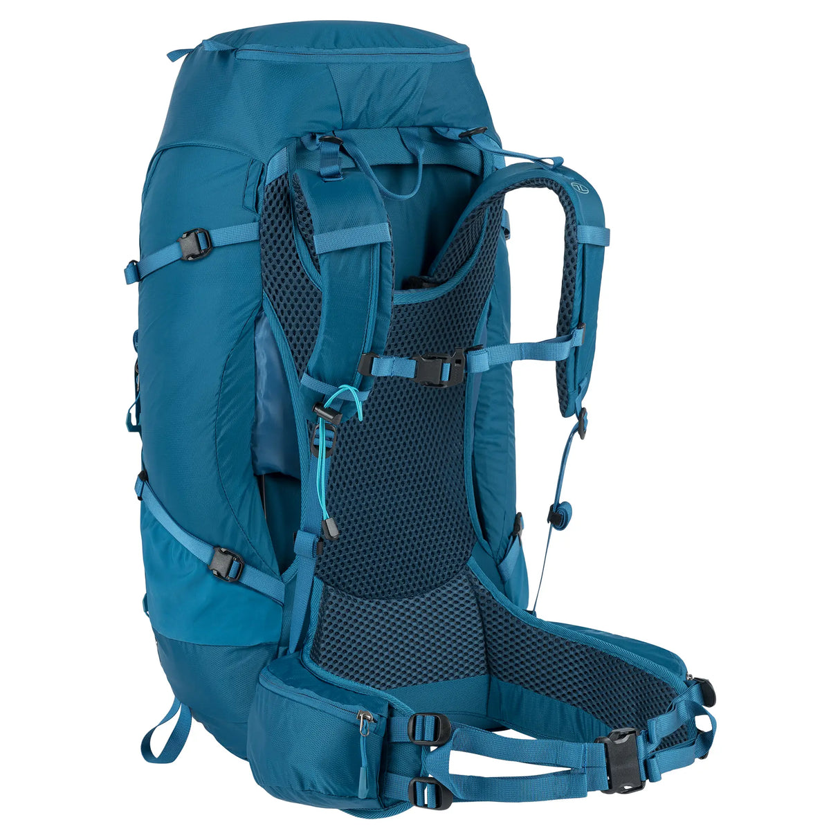 Highlander Ben Nevis Rucksack 52L in petrol blue from the back left on white background