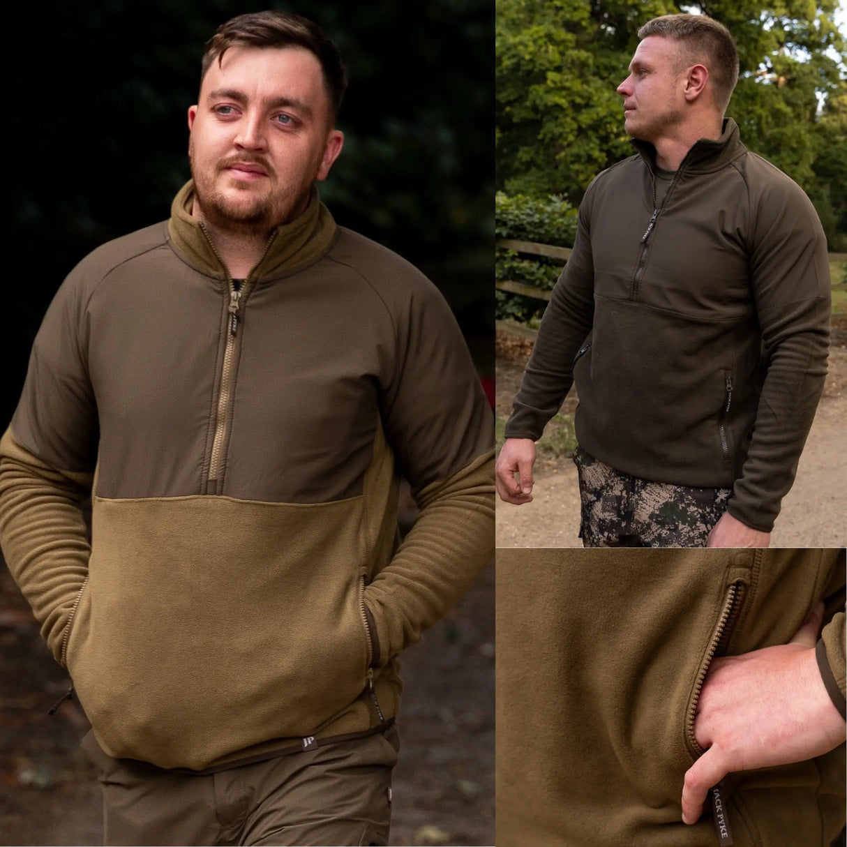 Jack Pyke Bleasdale Half Zip Fleece Top in dark mustard and dark olive on men outdoors