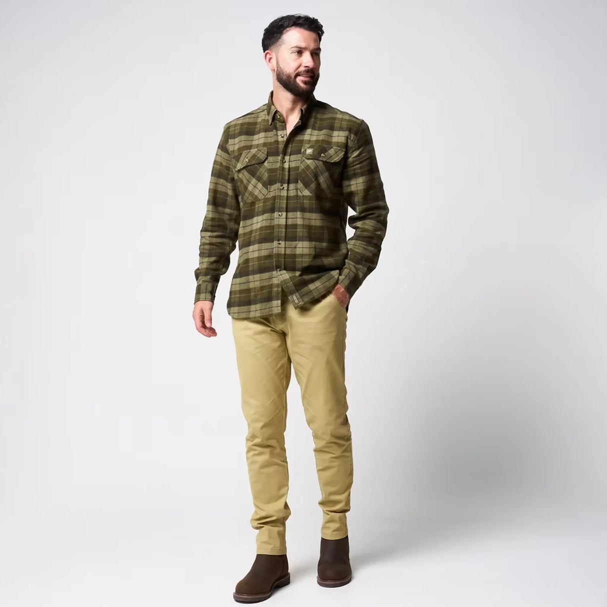 Jack Pyke Bleasdale Heavy Flannel Shirt in green check from the front at distance on white background