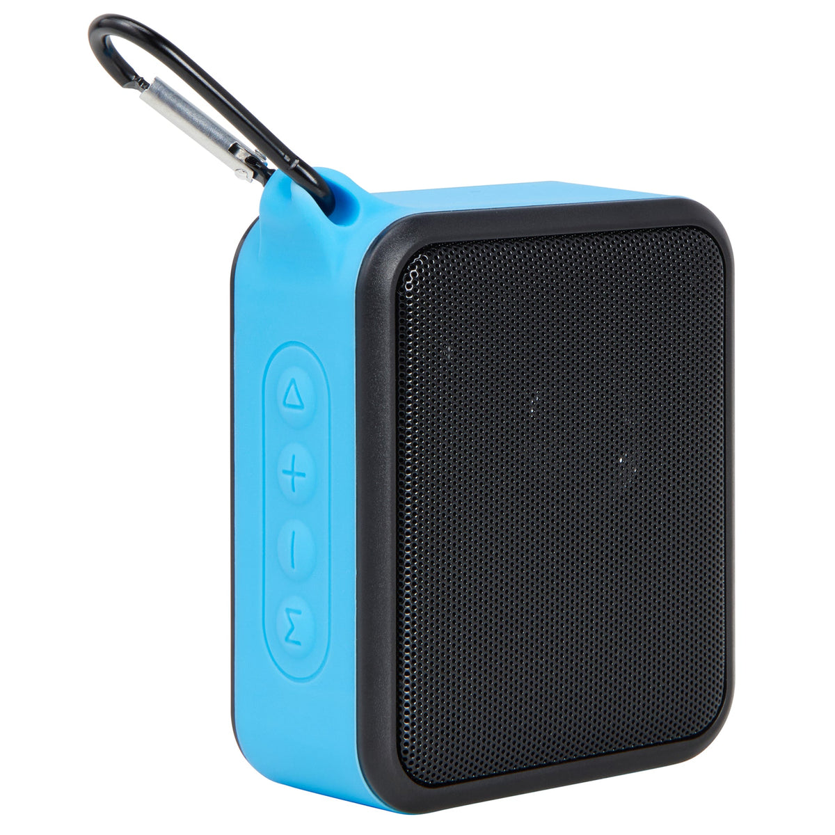 Maplin carabiner speaker angled to show the side control buttons