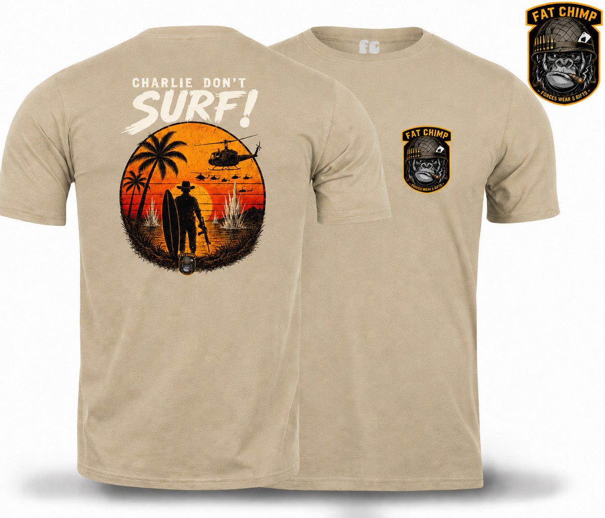 Charlie Don't Surf Retro Military Double Print T-Shirt - Sand