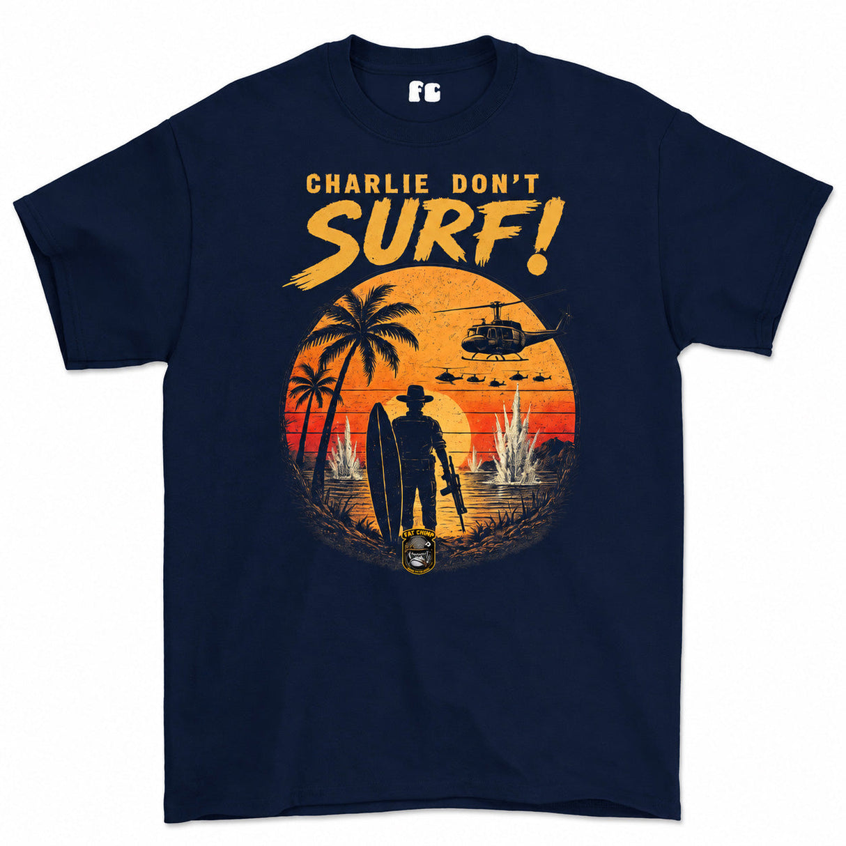 Charlie Don't Surf Vietnam era retro Printed T-Shirt - Navy Blue