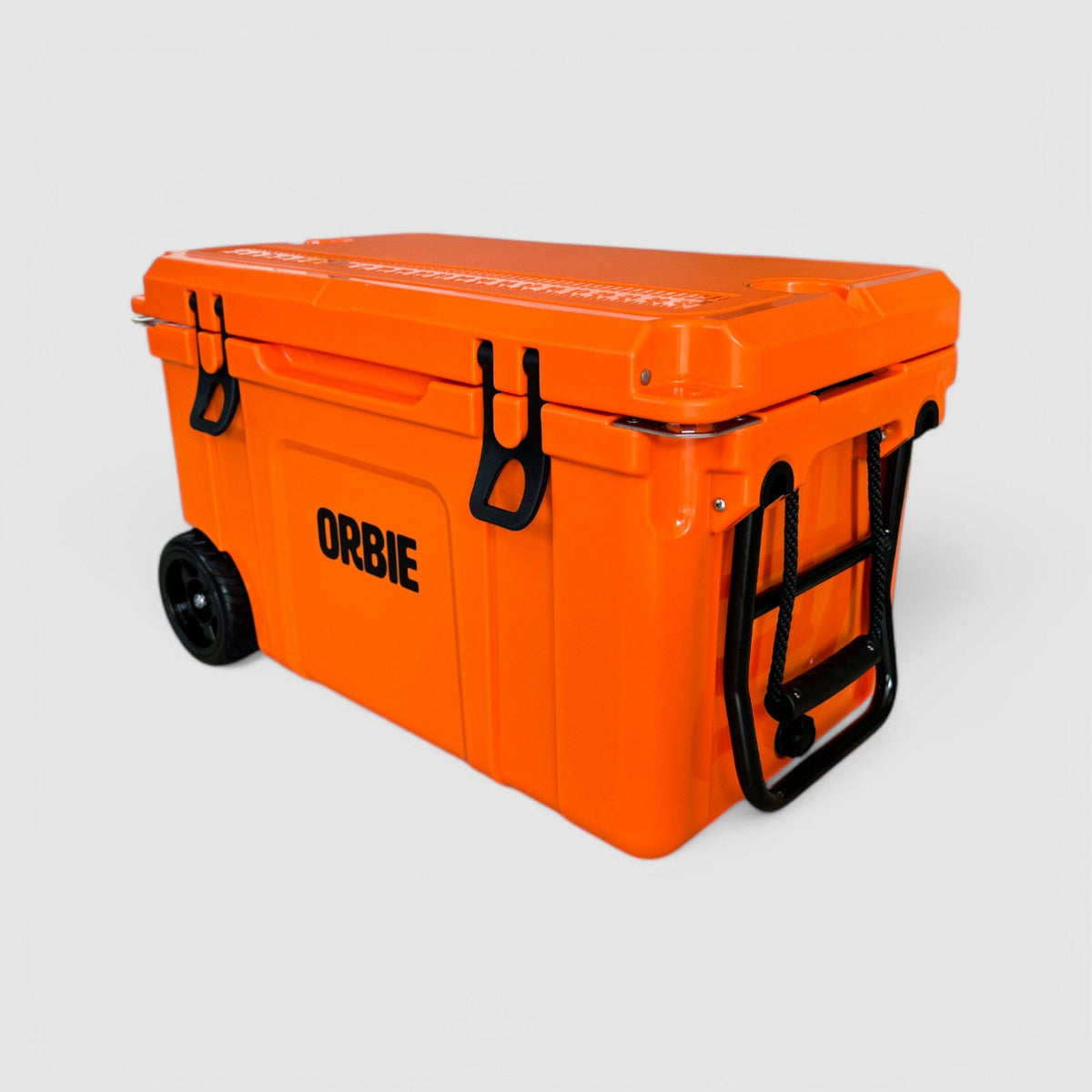 Orbie 55 cool box in orange at an angle, folding steel tow handle extended and the moulded lid ruler visible