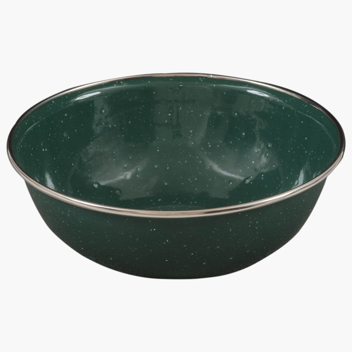 Highlander Deluxe Enamel Vintage Camping Bowl in Green, speckled enamel with metal-trimmed rim