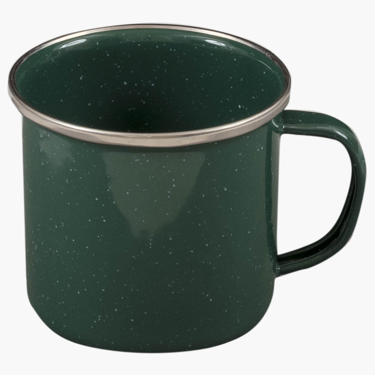 Highlander Deluxe Enamel Vintage Camping Mug in Green, speckled enamel with metal-trimmed rim and enamelled handle