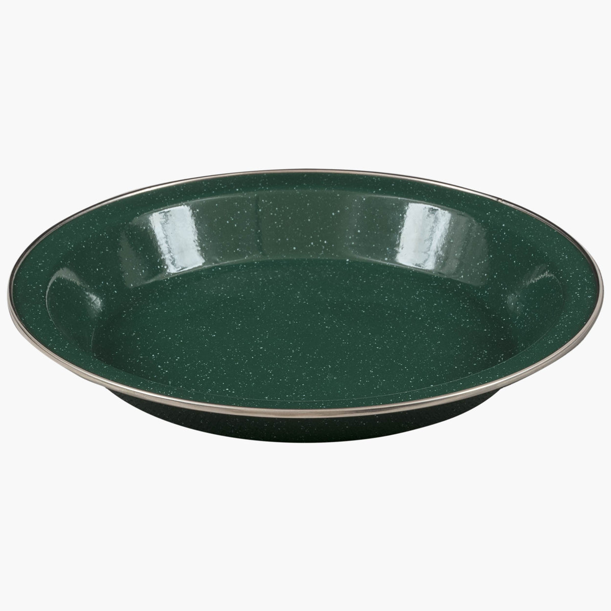 Highlander Deluxe Enamel Vintage Camping Plate in Green, speckled enamel with metal-trimmed rim