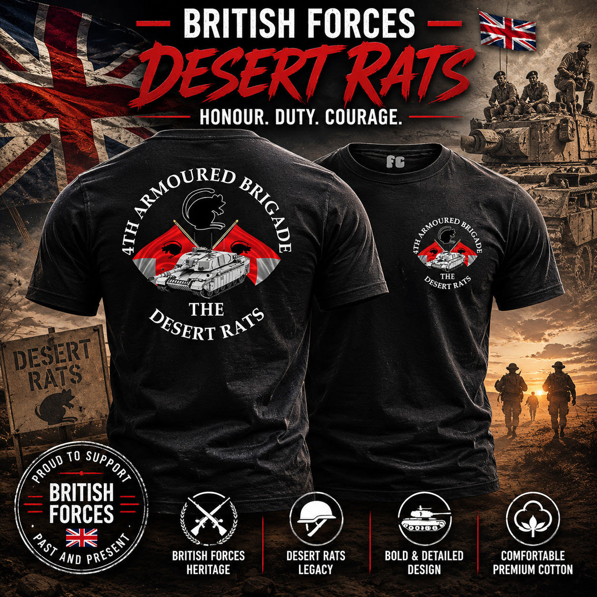 Desert Rats 4th Armoured Double Print T-Shirt - Design