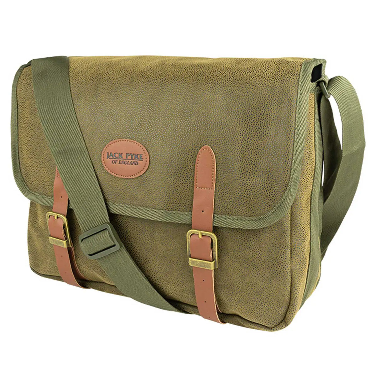 Jack Pyke Duotex Dog Bag in green, three-quarter front view with the shoulder strap attached