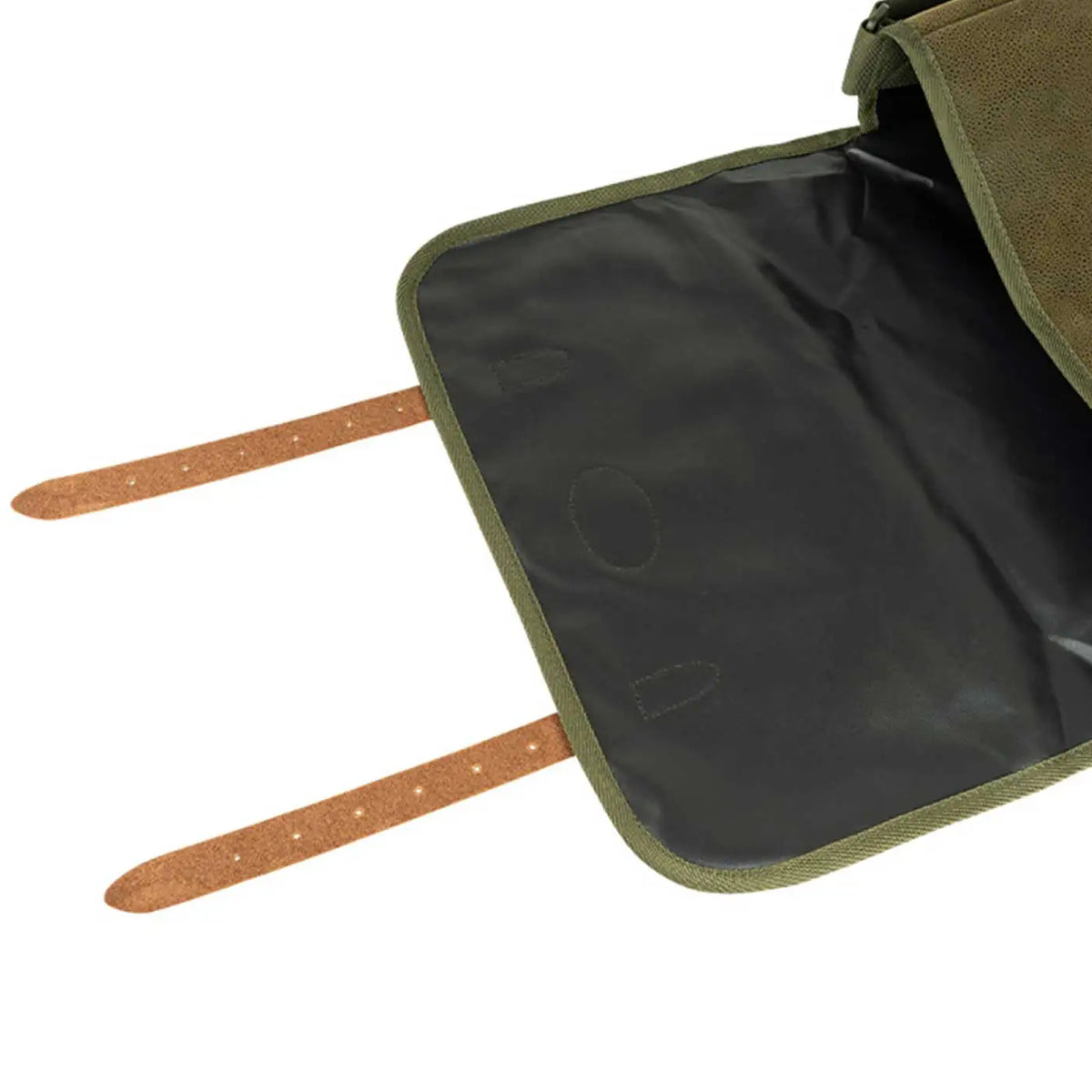 Jack Pyke Duotex Dog Bag in green with the flap open, showing the dark water-resistant lining