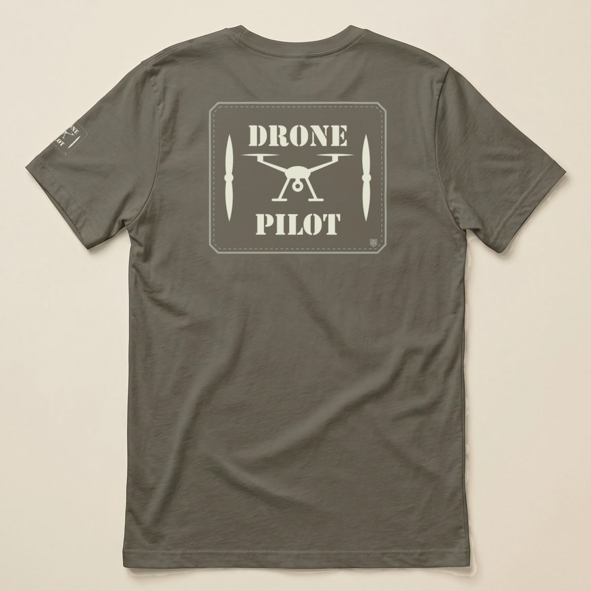 Drone Pilot Double Sided T-Shirt in Army, laid flat, back view