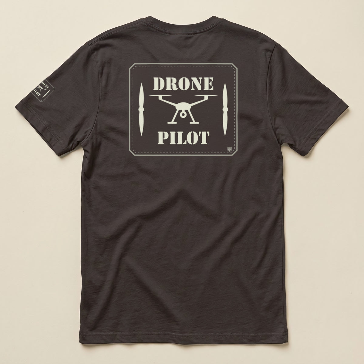 Drone Pilot Double Sided T-Shirt in Brown, laid flat, back view