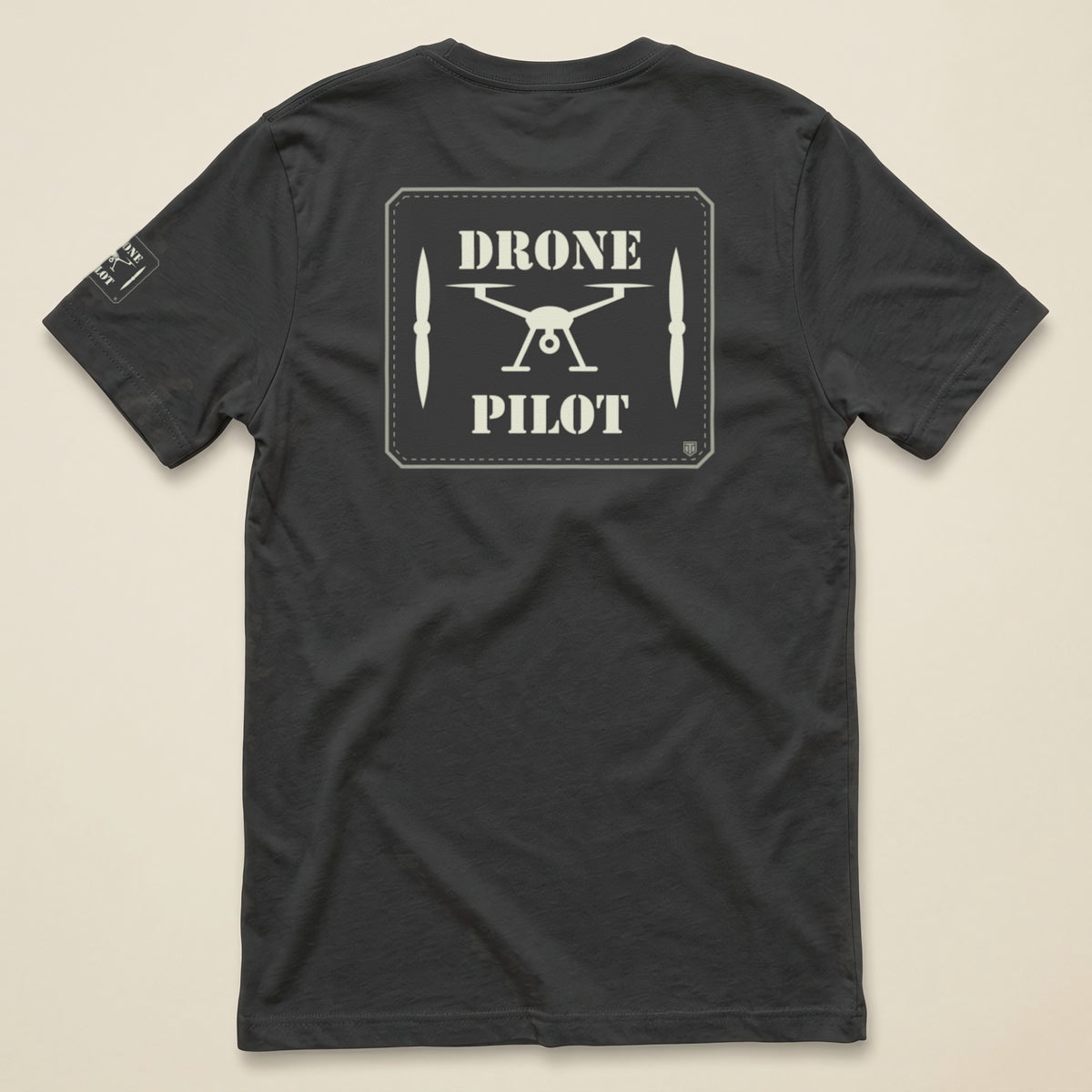 Drone Pilot Double Sided T-Shirt in Dark Grey, laid flat, back view