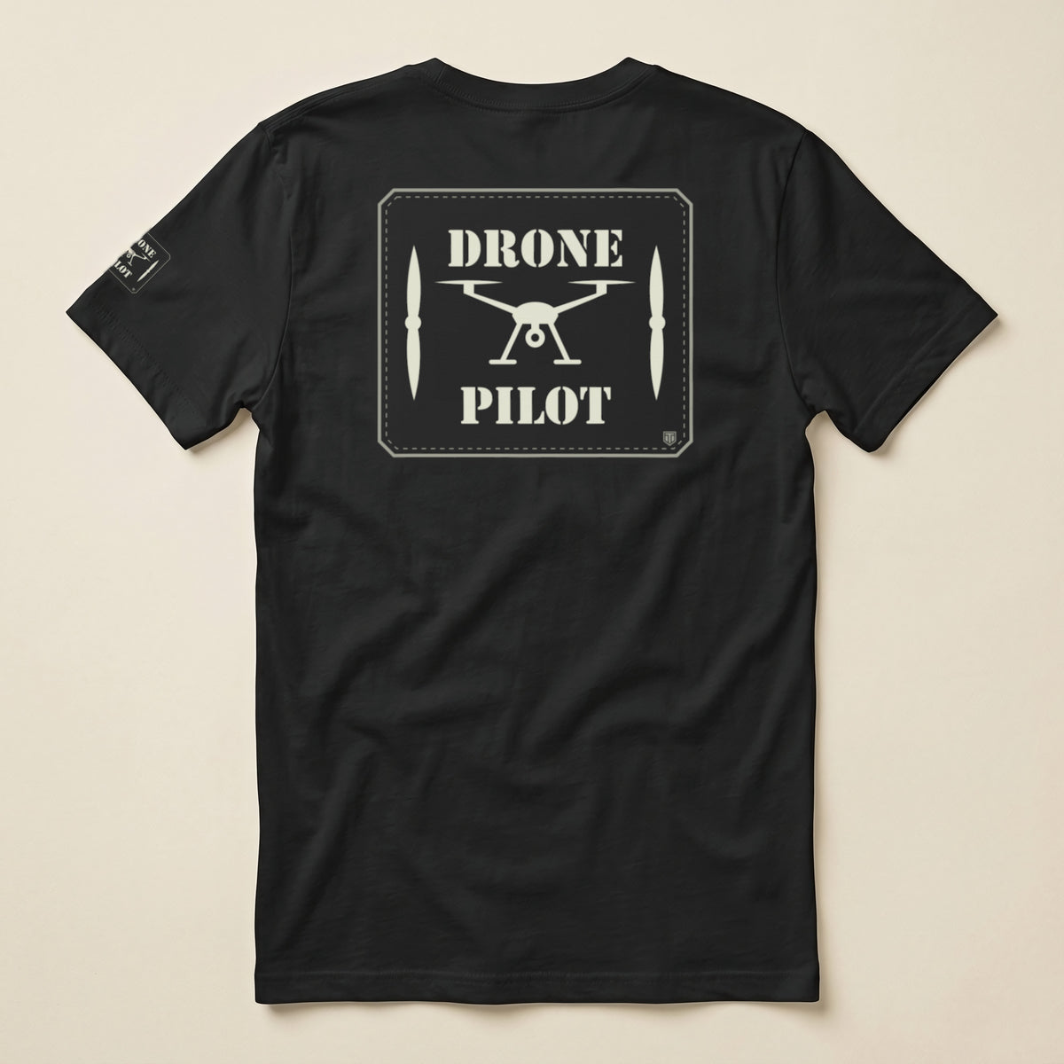 Drone Pilot Double Sided T-Shirt in Vintage Black, laid flat, back view