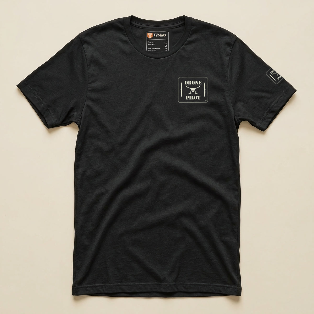 Drone Pilot Double Sided T-Shirt in Vintage Black, laid flat, front view