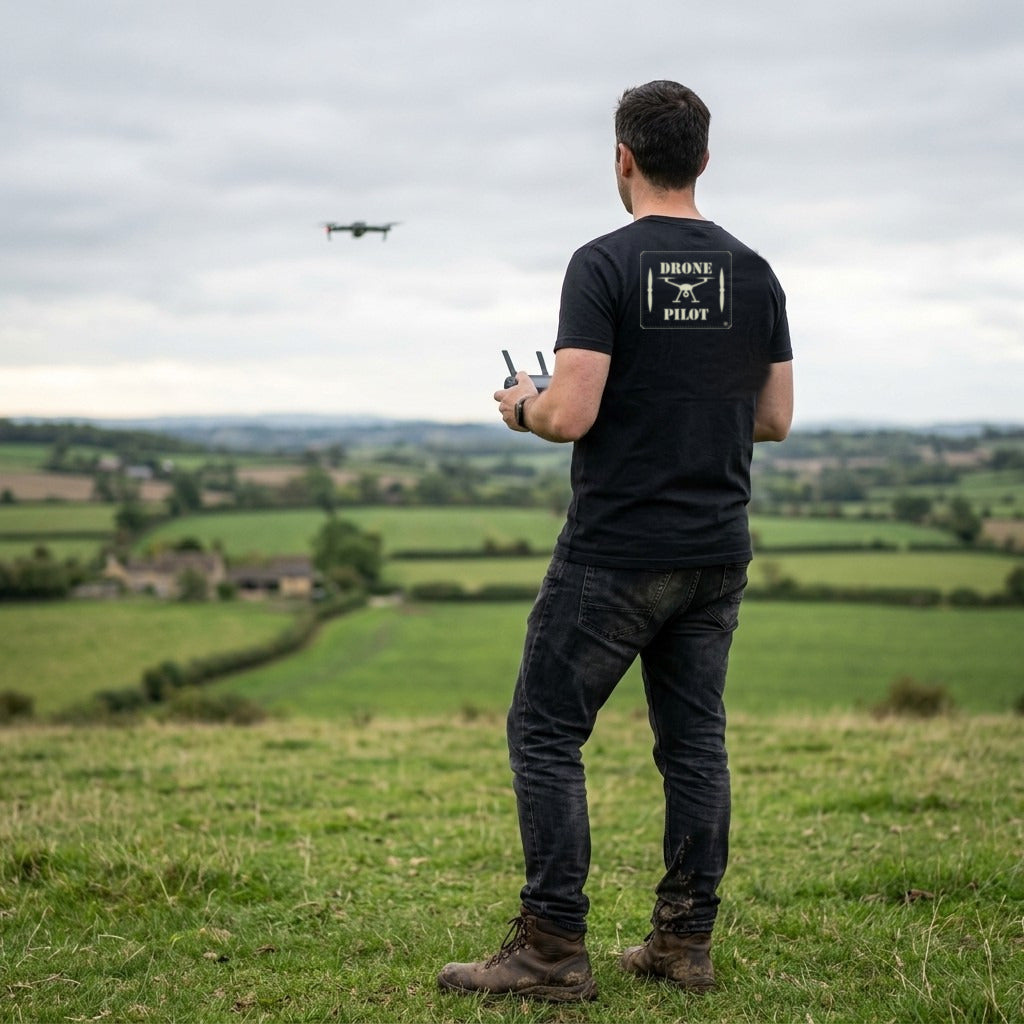 Man flying a drone on a hilltop in the English countryside, wearing the Vintage Black Drone Pilot T-shirt with the large stencil patch print on the back
