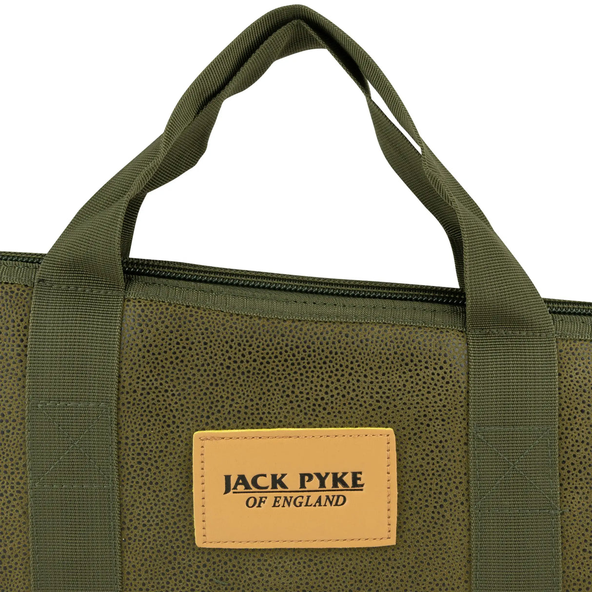Twin webbing carry handles and the tan leather Jack Pyke of England badge on the green Duotex slip
