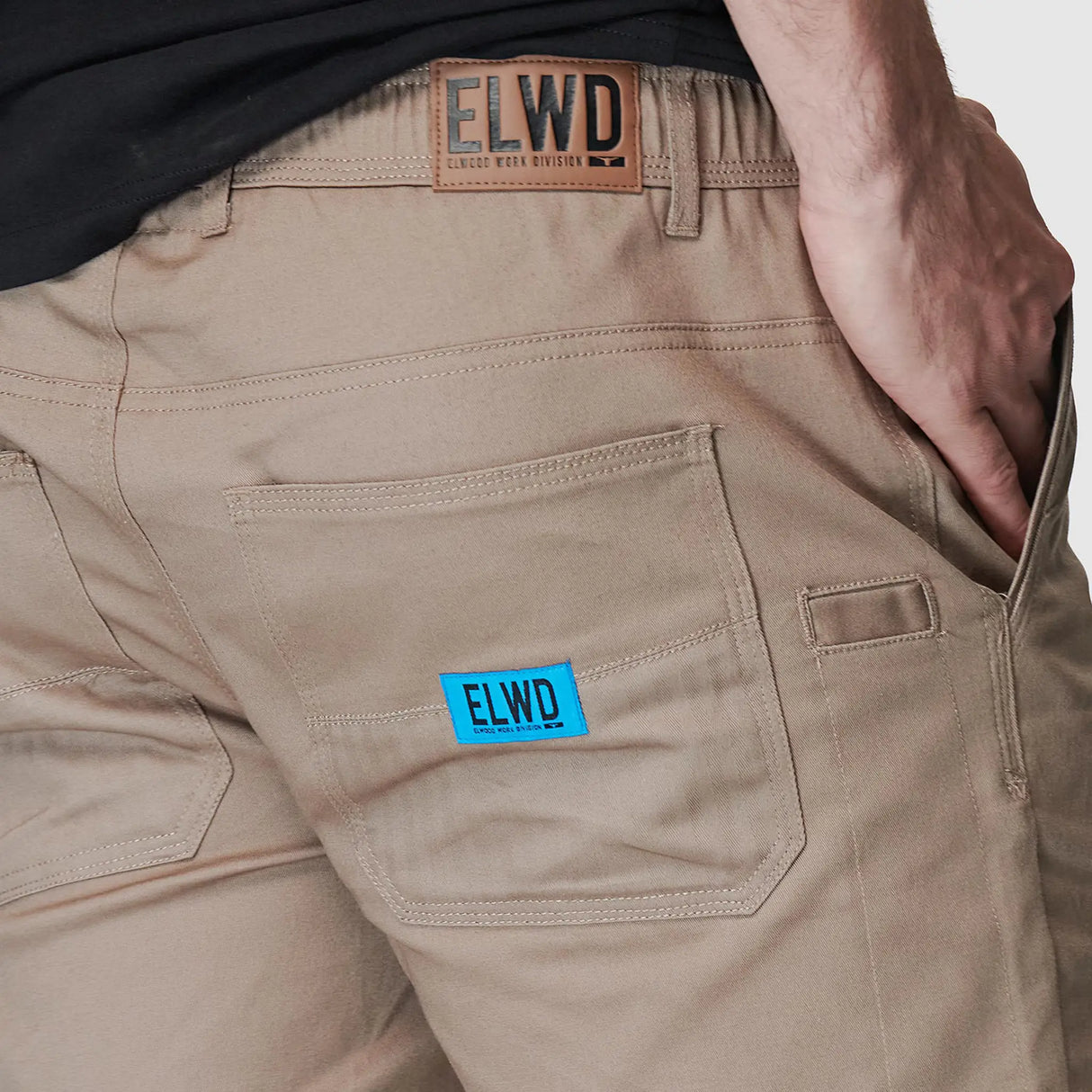 Elwood Men's Elastic Basic Short - Stone back waistband and pocket detail with ELWD branding