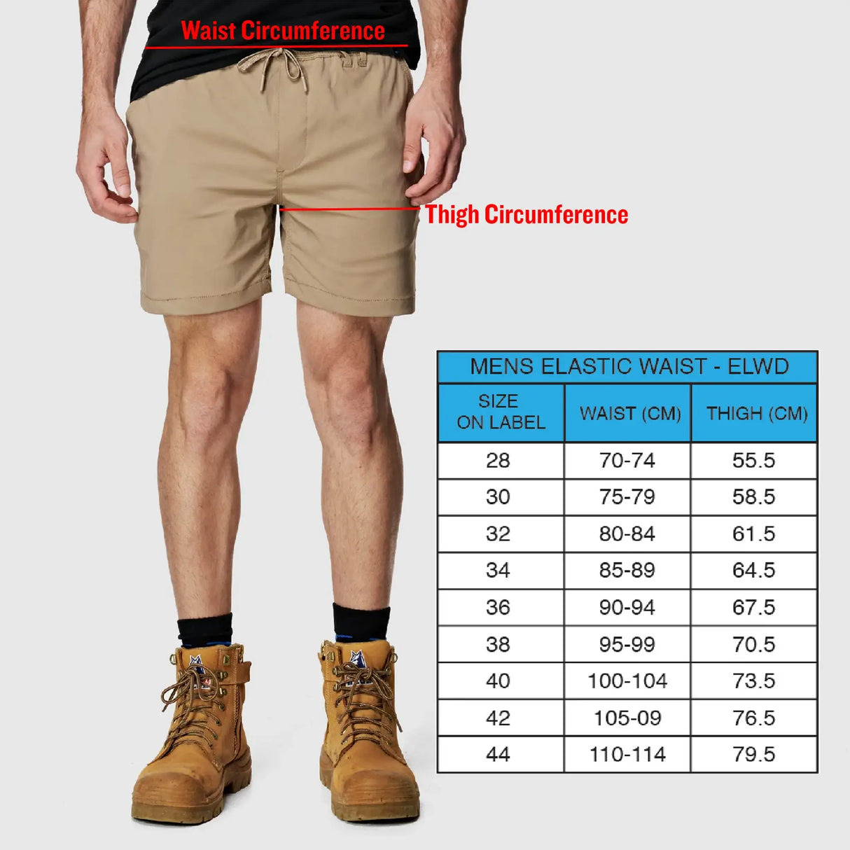 Elwood Men's Elastic Basic Short - Size guide with waist and thigh measurements