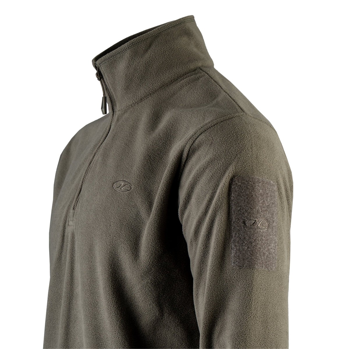 Highlander Tactical Ember Fleece Quarter Zip Top in Ranger Green, close-up of the stand-up collar, zip pull and sleeve ID panel