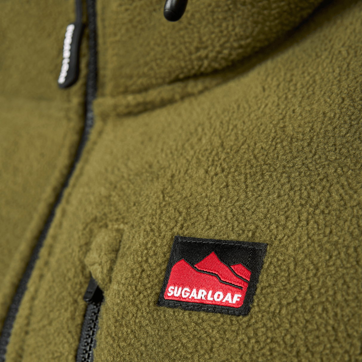 Sugar Loaf Shepherd Polar Fleece Hoodie in Khaki branding on chest