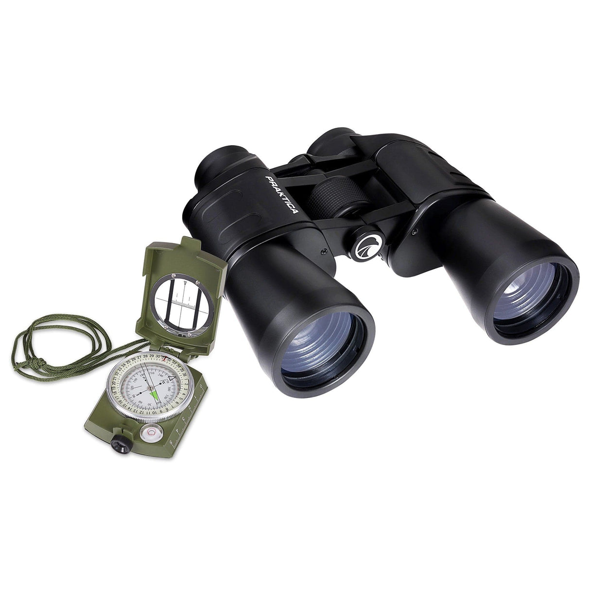 Praktica Falcon 7x50mm Porro Prism Field Binoculars in Black with compass from above on white background