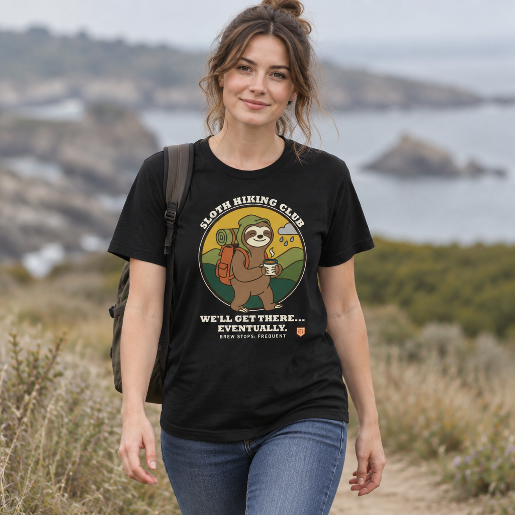 Woman walking a coastal path wearing the Sloth Hiking Club: Walking T-Shirt in Vintage Black, with a rucksack